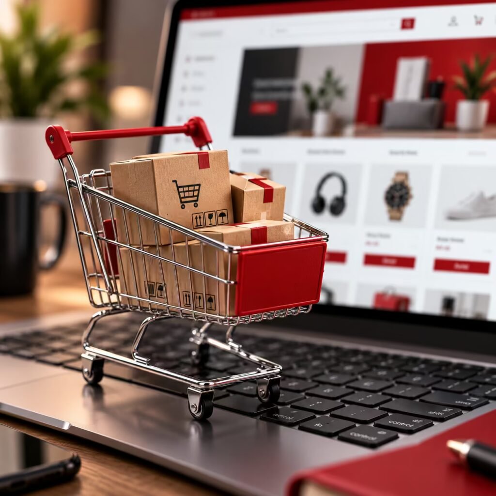 Miniature Shopping Cart on Laptop Keyboard